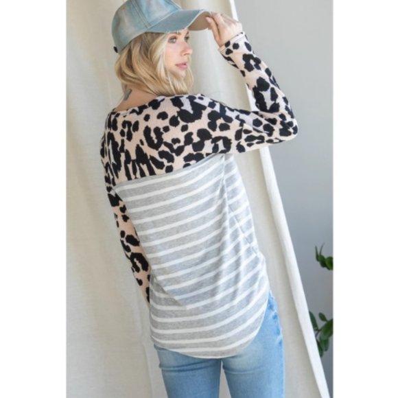 Leopard and Stripes Waffle Long Sleeve Tee LovelyJ - Picture 3 of 3